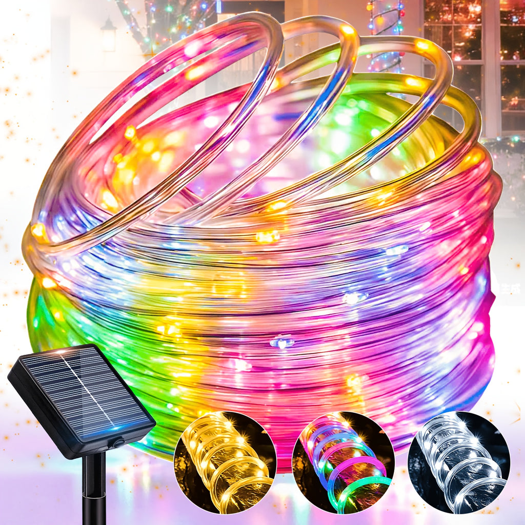 Solar garden tube light, outdoor decorative smart light string, 12 flashing modes fairy light, light-sensing on/off, PVC material, suitable for courtyards, fences, patios, camping, parties, holiday decorations - warm white / white / multicolor