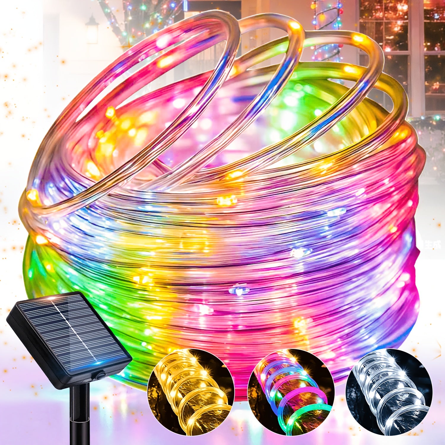 Solar garden tube light, outdoor decorative smart light string, 12 flashing modes fairy light, light-sensing on/off, PVC material, suitable for courtyards, fences, patios, camping, parties, holiday decorations - warm white / white / multicolor