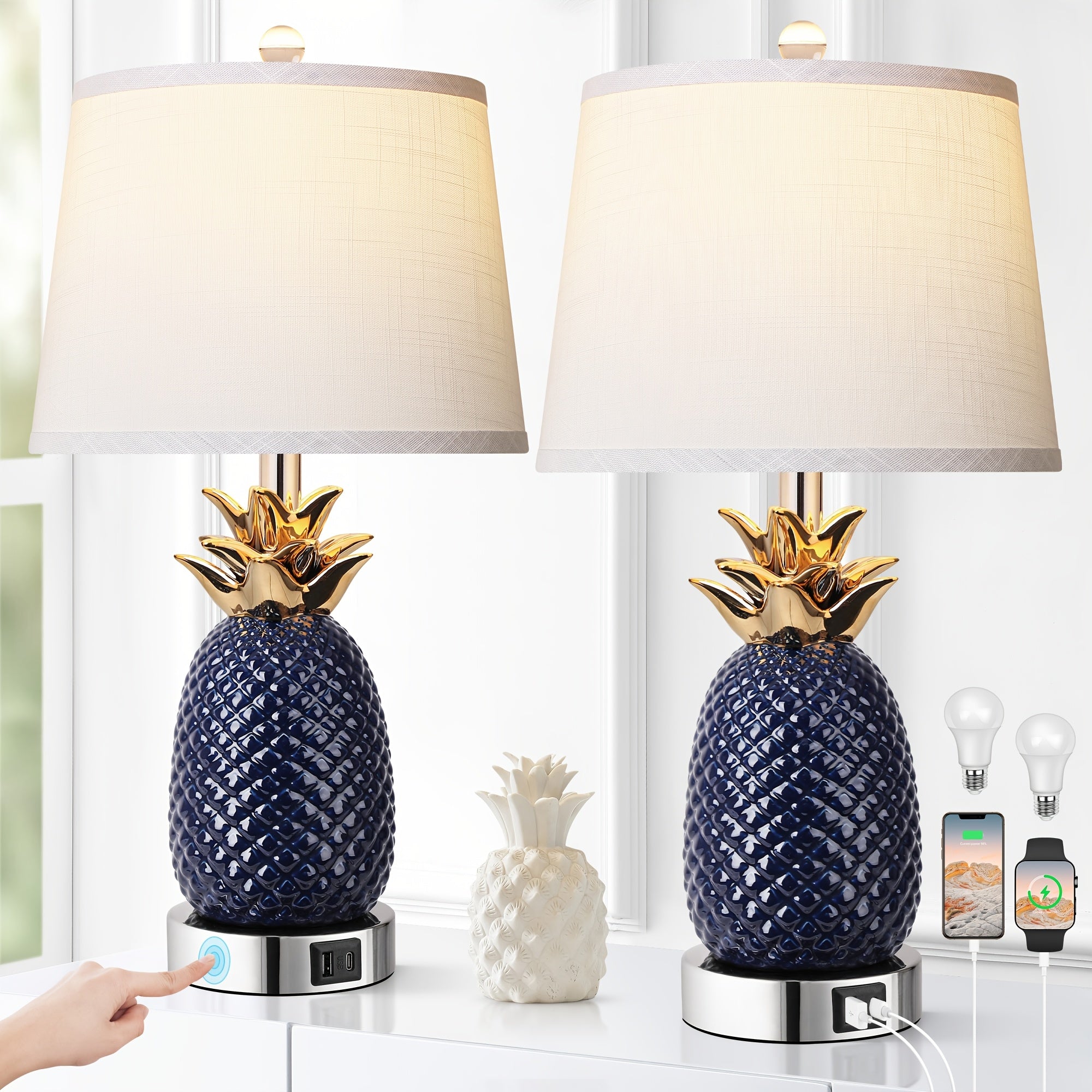2 sets of 22-inch pineapple table lamp, 3-level adjustable ceramic table lamp, suitable for living room, navy blue modern table lamp, with USB port, high coast table lamp, suitable for bookstore, restaurant, bedroom, office, 9-watt bulb included