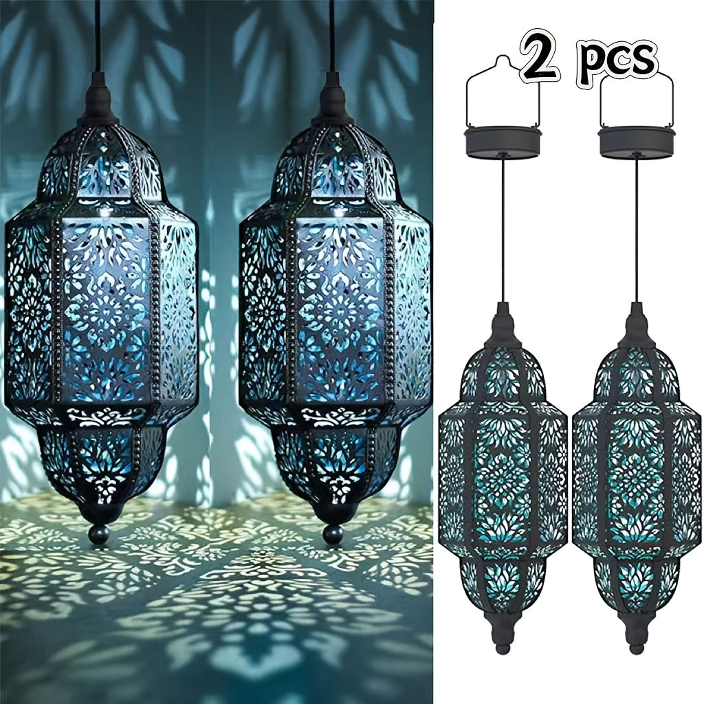 2-Piece Outdoor Solar Lantern, Colorful Moroccan Style Design, IP54 Waterproof Rating and Carved Patterns, Perfect for Decorating Garden, Patio, Walkway, or Halloween.