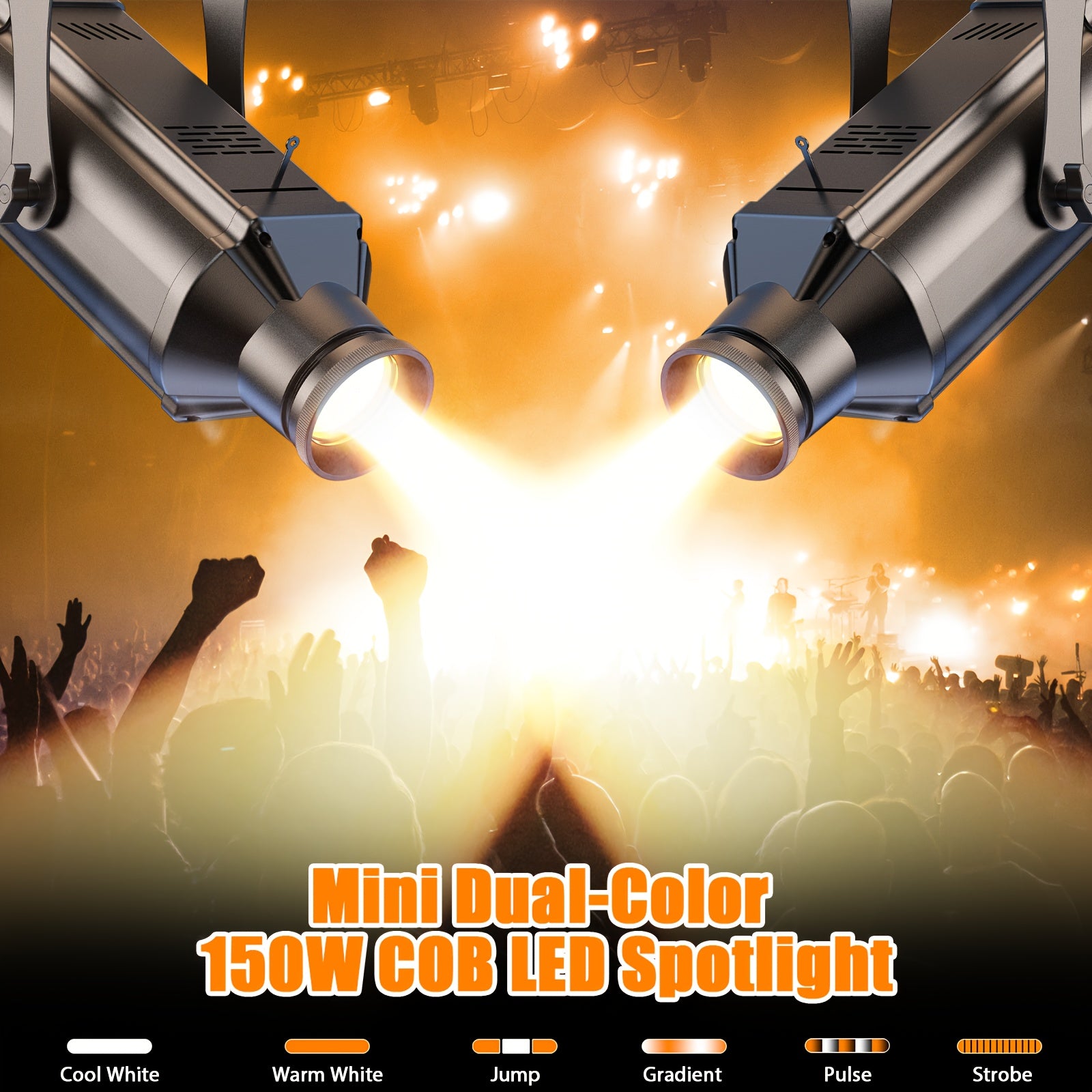 Compact stage light, featuring 150W warm/cool white COB technology, adjustable 3200K to 5600K, with zoom control and DMX512 compatibility. These 6-channel manual focus LED spotlights are perfect for performances and events.