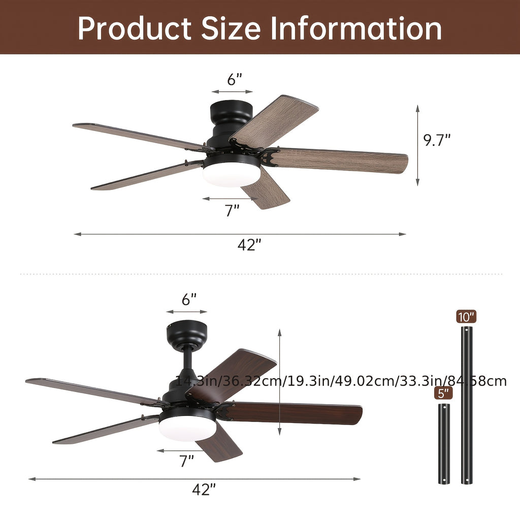 Sofucor 42/52 Inch Remote Ceiling Fan with Light, 6 Wind Speed 3 Color 3 Timer Settings, Low Profile Flush Mount Fan Light, Quiet Reversible DC Motor, Dual Color Blades, Includes 3 Downrods for High Ceilings