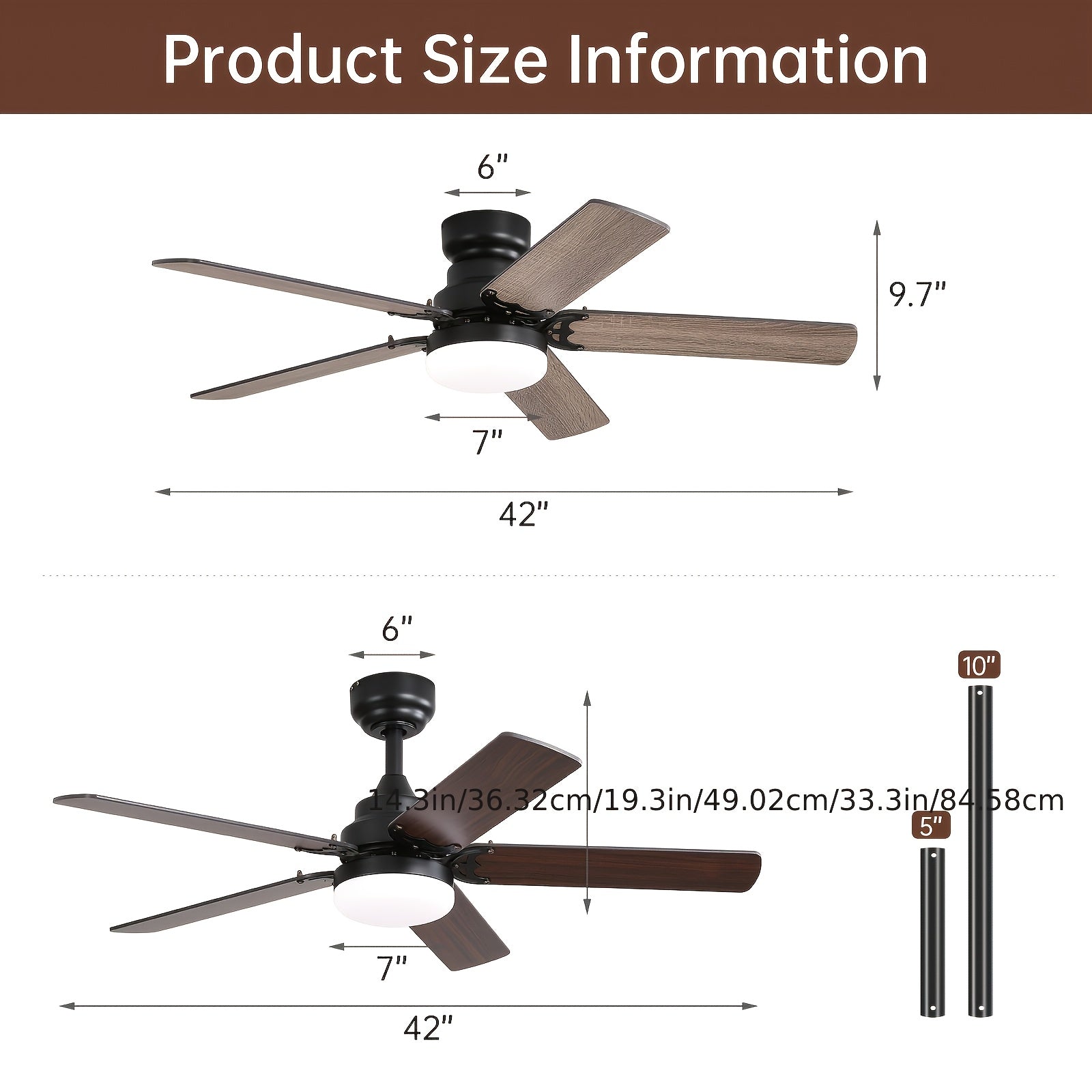 Sofucor 42/52 Inch Remote Ceiling Fan with Light, 6 Wind Speed 3 Color 3 Timer Settings, Low Profile Flush Mount Fan Light, Quiet Reversible DC Motor, Dual Color Blades, Includes 3 Downrods for High Ceilings