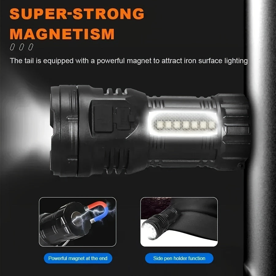1PC 2025 New Rechargeable 9-LED Flashlight with COB Side Light, USB Power Supply, 1800mAh Lithium Battery, Standard Functions Including USB Cable, Portable Emergency Spotlight for Outdoor Use