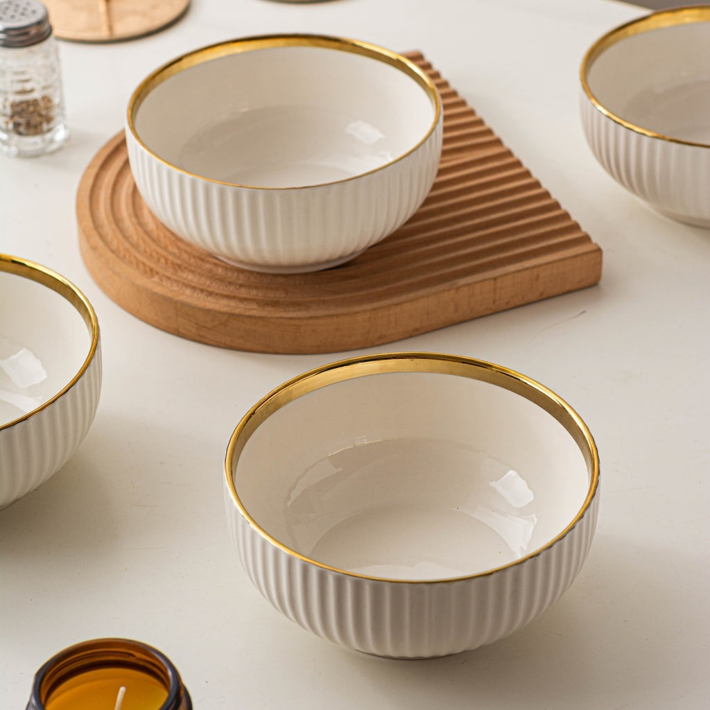 4-Piece Luxury Gold Rim Ceramic Noodle Bowl Set, Salad & Fruit Bowl, Round Kitchen Tableware – Dishwasher Safe