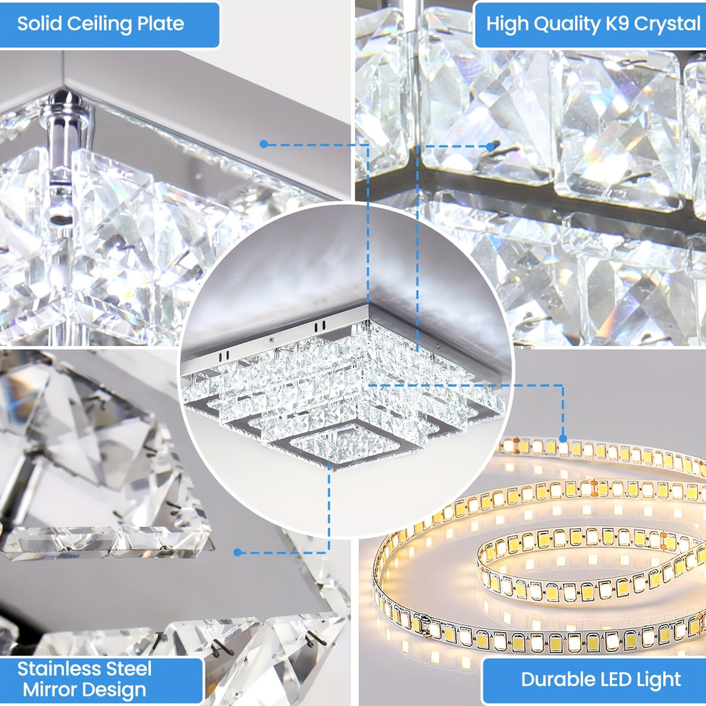 Exquisite Indoor String Light Square Crystal LED Ceiling Light, 15-Inch Modern Pendant Light 3-Layer Flat Panel Ceiling Light, Suitable for Living Room and Dining Room (6500K Cool White Light)