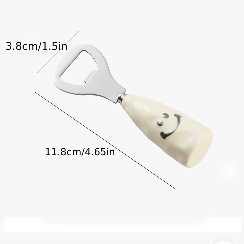 Cute Smiley Face Beer Bottle Opener – Plastic Handle / Ceramic-Like Handle – Stand-Up Bottle Opener – Creative Stainless Steel Cap Remover