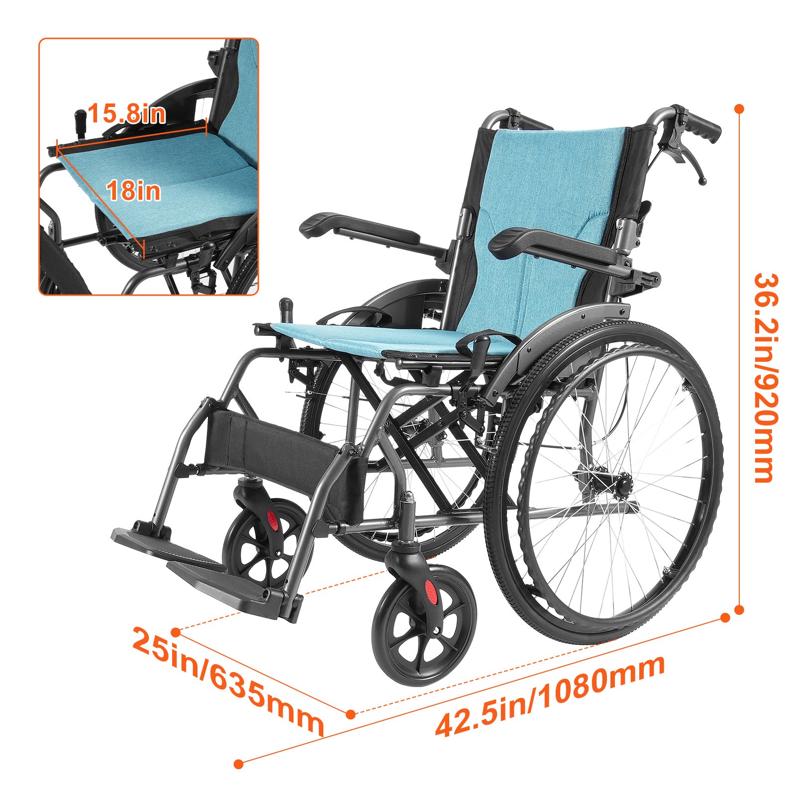 VEVOR 轮椅 铝合金 超轻型 18英寸宽座椅 250磅