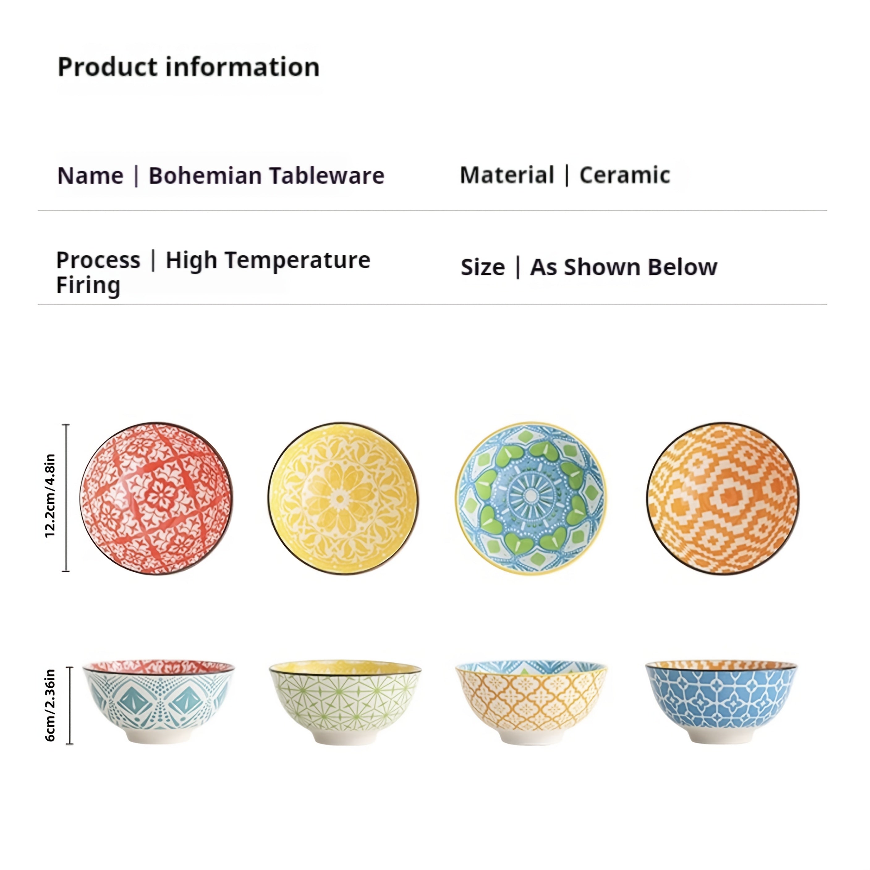 4-Piece Bohemian Style Ceramic Salad Bowls, 4.8-Inch Colorful Kitchen Bowl Set – Great Gift for Family & Friends – Can Be Used as Fruit Bowl, Salad Bowl, Cereal Bowl, Rice Bowl, etc. – Dishwasher & Microwave Safe
