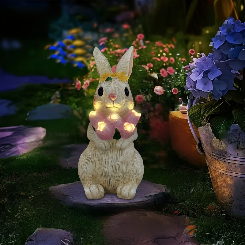 IP65 Outdoor Solar Statue Light Resin Rabbit Holding Tulip Flower Light with LED Ambient Light Courtyard Home Decoration Lawn Steps Patio Path Decoration Valentine's Day Thanksgiving Easter Halloween Christmas Holiday Gift