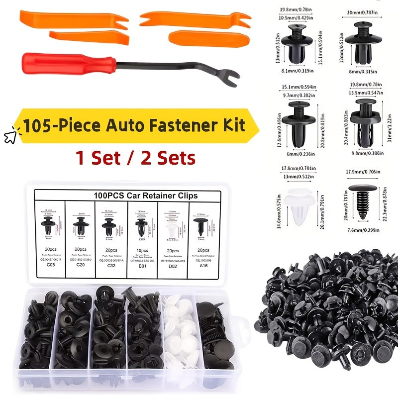1-Set / 2-Set 105-Piece Automotive Fastener Tool Kit, Bumper Clip Assortment, PP Material, Auto Accessories with Removal Tool, Includes Universal Nylon Plastic Rivets and Clips for Door Panel & Interior Repair