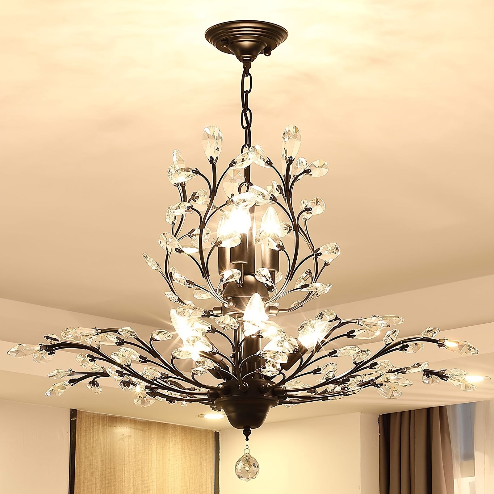 Enncll Elegant 7-Light Vintage Crystal Chandelier - Adjustable Black Metal Ceiling Light, Suitable for Living Room, Bedroom, Dining Room and Porch - E12 Socket (Bulb Not Included), Bedroom Ceiling Light Traditional Lighting Metal Construction