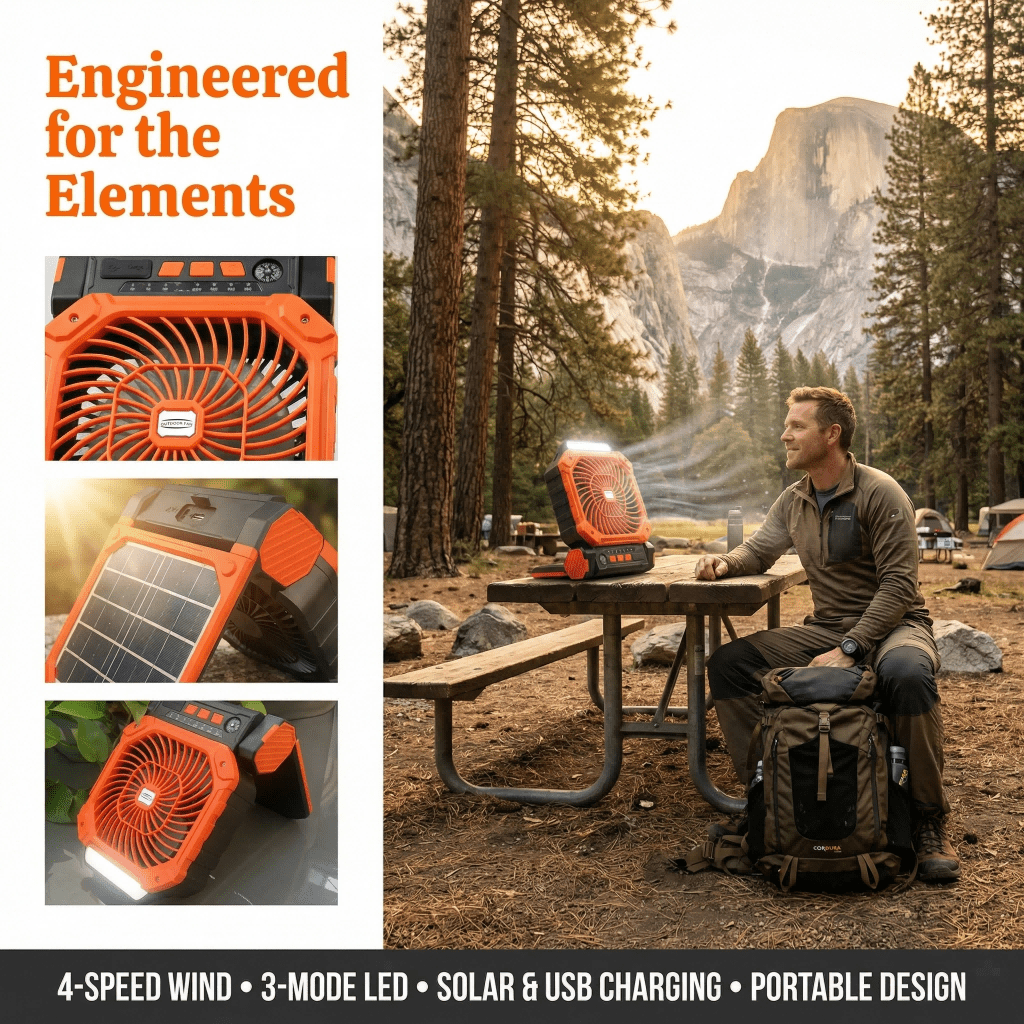 Multifunctional Outdoor Portable Fan, Solar & USB Dual Charging, High Airflow Timing Function, Perfect for Fishing Camping Use