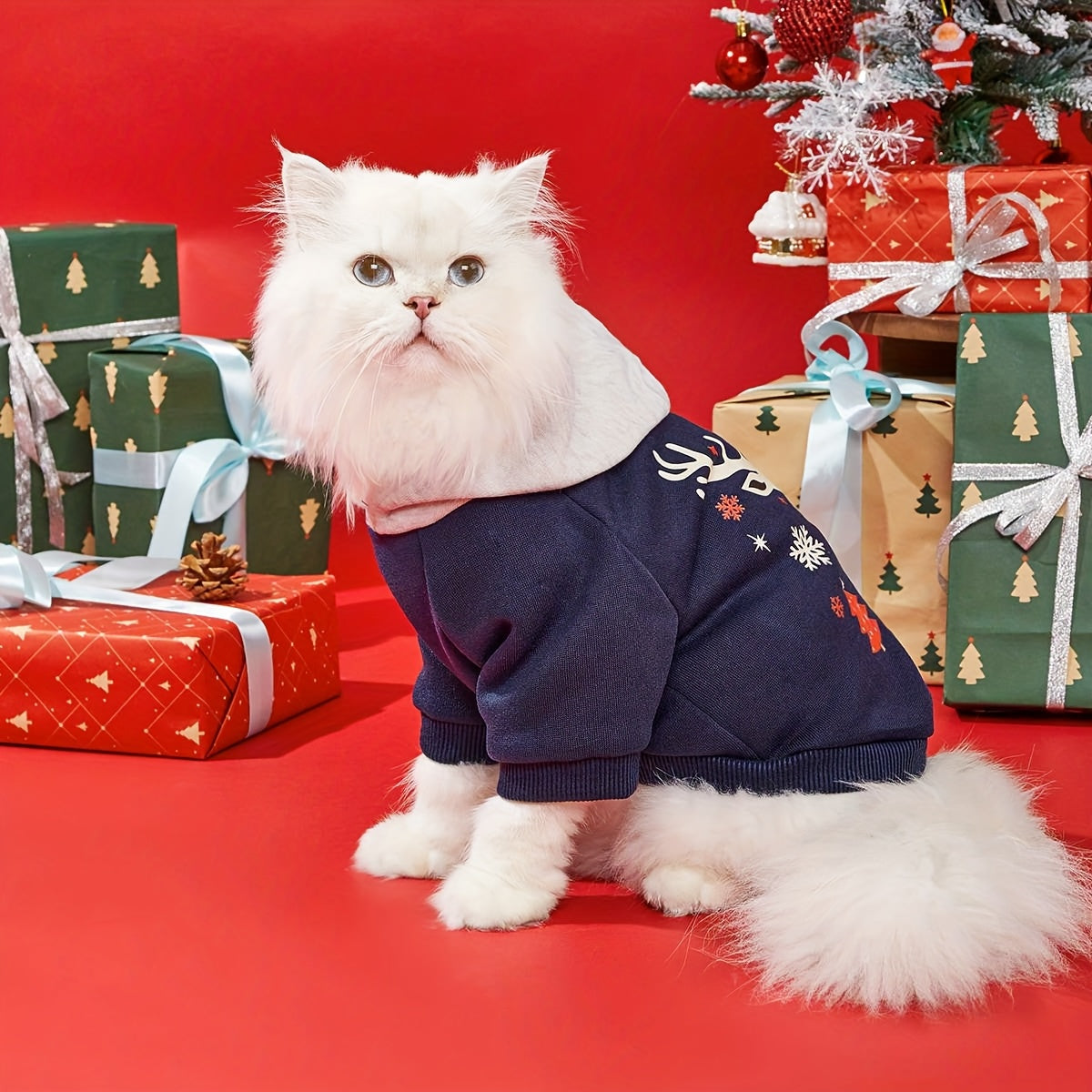 1件圣诞雪花麋鹿礼物图案印花猫咪狗狗涤纶连帽卫衣防跳蚤减少掉毛保暖透气小宠物连帽卫衣适用于猫狗室内外