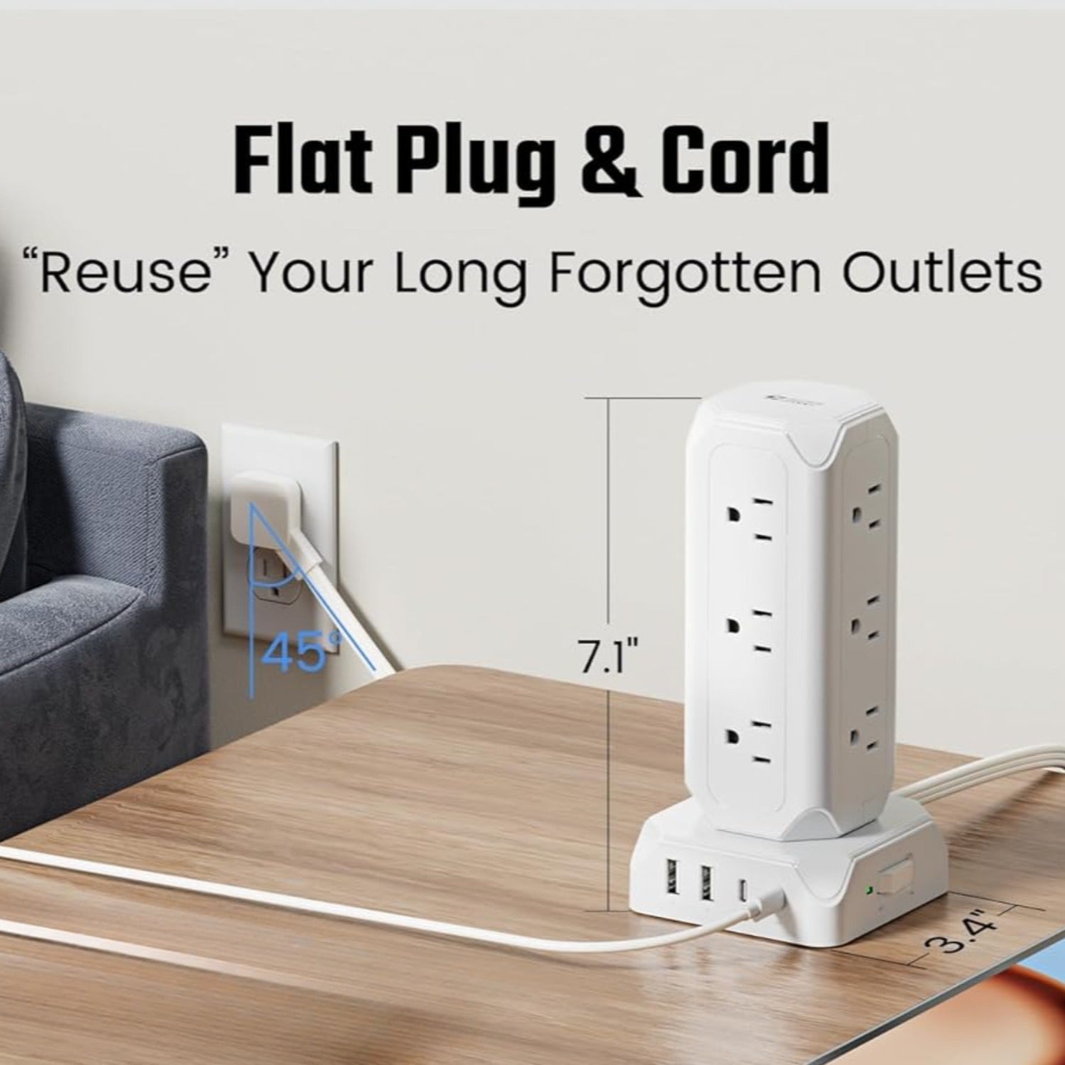 2pcs Power Strip Tower, 12 AC Outlets with 35W USB(2 USB-A & 2 USB-C) Charging Station, 1625W/13A, 1700J Surge Protector, 10ft Flat Plug Extension Cord with Multiple Outlets for Home, Office, Dorm