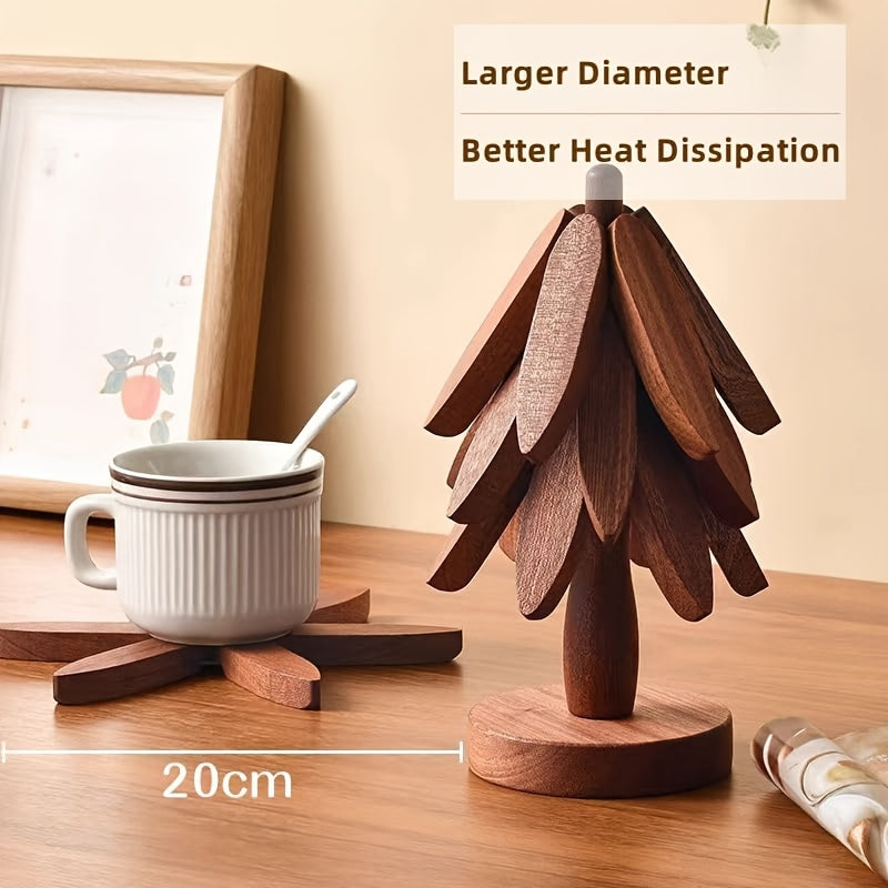 Natural Foldable Black Walnut Wood Trivet Set – 4 Trivets + 1 Base for Hot Dishes, Pots, Bowls, Teapots – Heat-Resistant (Black Walnut)