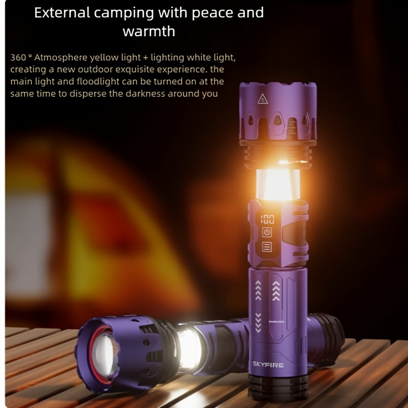 SKYFIRE LED High Brightness Display Flashlight High Lumen Ultra Bright Rechargeable Flashlight Long Endurance Zoom Function Built-in Floodlight Mode for Camping Outdoor Activities Farm Patrol Night Riding