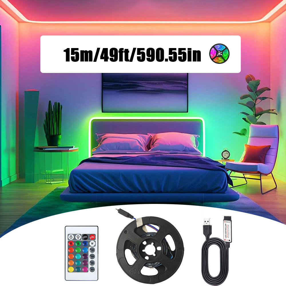 RGB 5050 LED灯带配24键控制器，变色发光LED灯串，39.37英寸至1574.8英寸LED灯带，适用于卧室、厨房、电视背景墙及节日装饰（圣诞节、万圣节、生日）