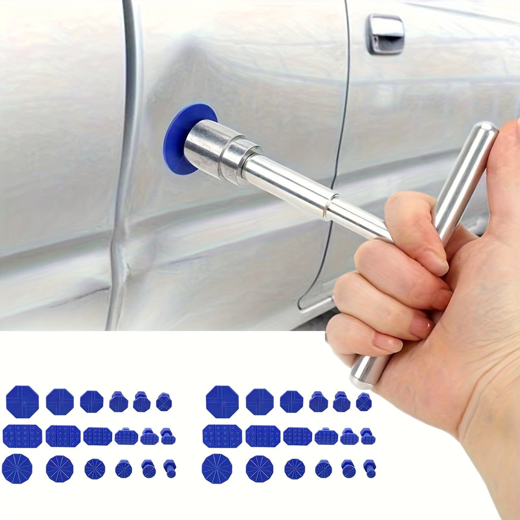 1 Set Car Dent Repair Tool, Silver T-Handle with 36 Blue Car Dent Pulling Tabs, Affordable, Sturdy and Durable, Industrial Grade Quality, Dent Repair Tabs Tool, Car Dent Collision Repair Tool, Restore Perfect Body
