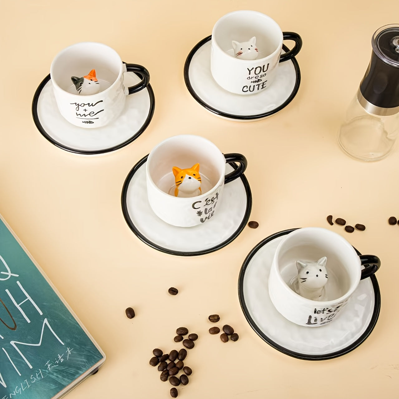 1pc 200ml / 6.7oz Japanese Cute Ceramic Hidden 3D Cat Cup & Saucer, Hand-Painted Under-Glaze Adorable Cat Cup, Breakfast Cup, Afternoon Tea Cup Set, Birthday & Holiday Gift for Cat Lovers