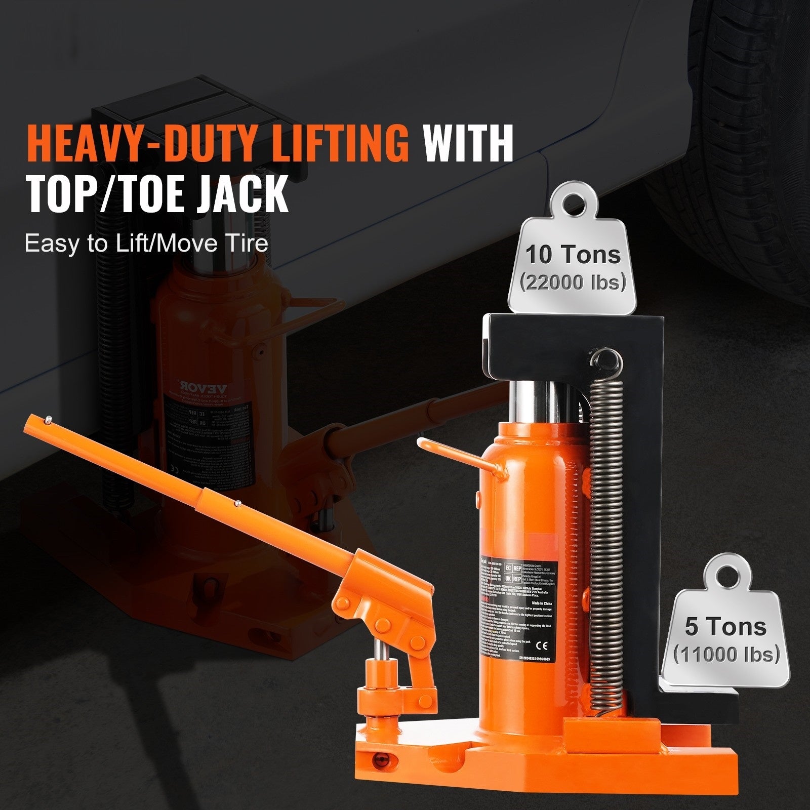 VEVOR Hydraulic Trailer Jack, 2.5 Ton / 5 Ton Trailer Jack, 5 Ton / 10 Ton Top Lift, 0.8-5.3 Inch Trailer Height, 8.9-13.4 Inch Top Height, Pneumatic Claw Jack for Machinery, Industrial Use