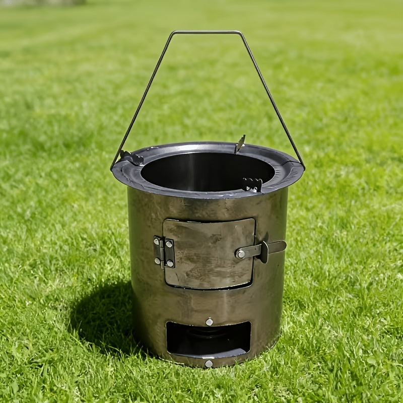Portable Wood Stove (Charcoal Compatible) – Outdoor Cylindrical Grill with Firebox Opening & Sturdy Base, Heavy-Duty Oven, Perfect for Camping Gatherings, Can Steam