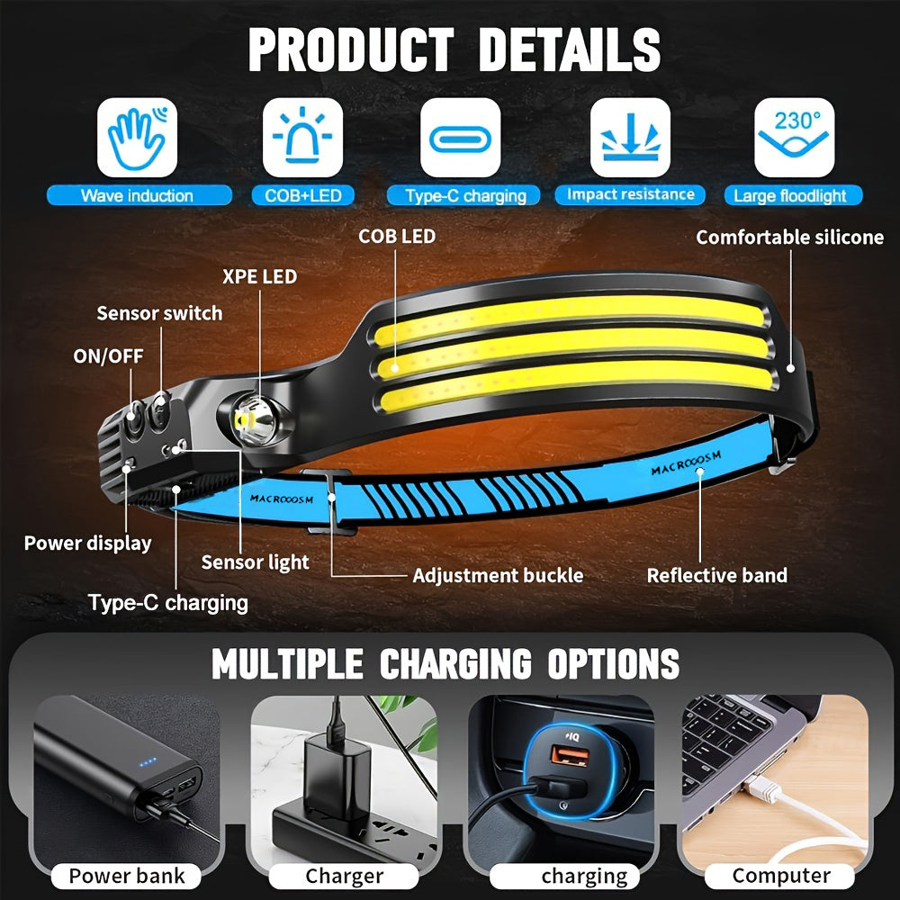 1Pc USB Rechargeable COB Headlamp, Motion Sensor Outdoor Head Light, 230° Wide Angle, 5 Lighting Modes Running Headlamp, Portable Lightweight Hands-Free Flashlight, Ideal for Camping, Hiking and Outdoor Activities