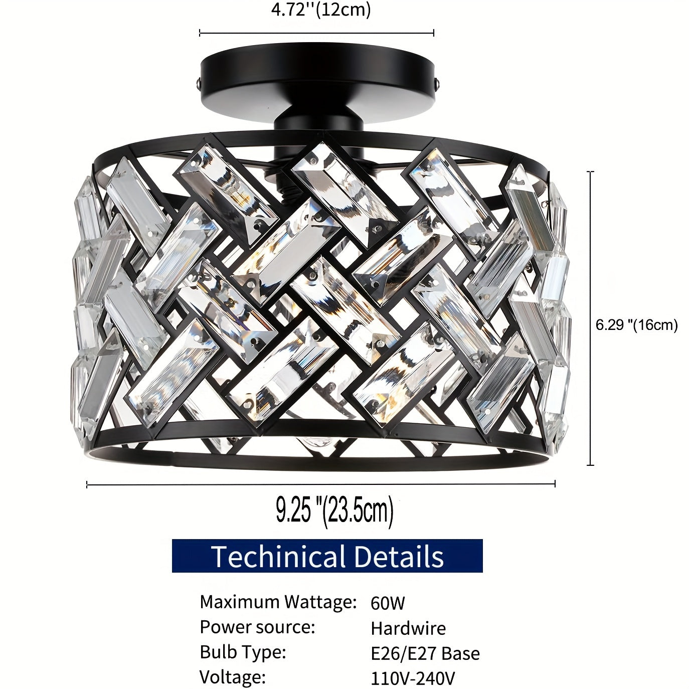 Amansur Modern Semi-Flush Mount Crystal Black Frame Ceiling Light - Semi-Recessed Installation, Suitable for Kitchen, Living Room, Bathroom, Entryway - Controller Sold Separately
