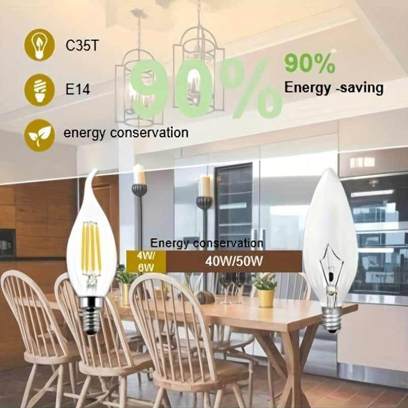 A set of 6 dimmable E12 flame-shaped LED bulbs, emitting 2700K warm white light, power equivalent to 4W/6W to 40W/60W, glass housing, suitable for replacement in living rooms, bedrooms and dining rooms