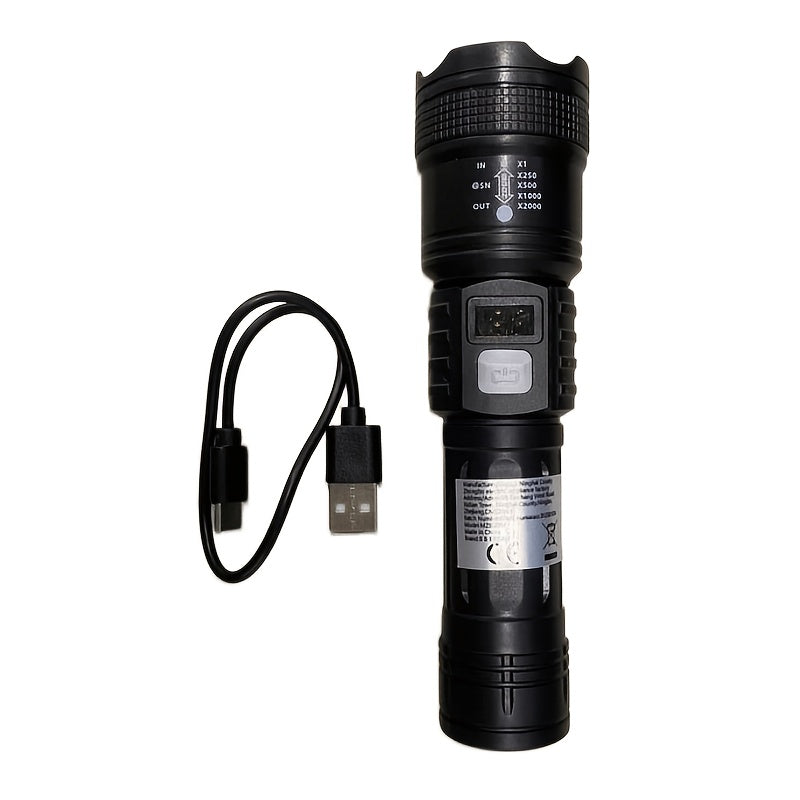 LED Flashlight, Telescopic Zoomable, Focus and Flood Dual Use, 3 Modes High Low Strobe Dimmable, Digital Power Display Real-Time Battery Level, USB Rechargeable Long Endurance, High Brightness Long Range