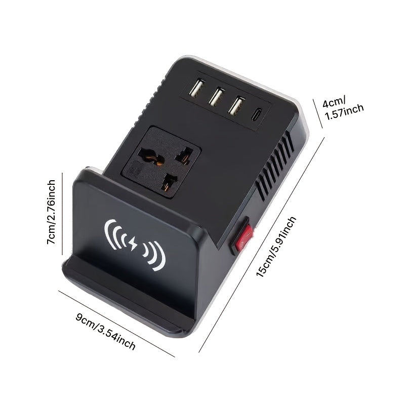 这款车载逆变器具有无线充电端口、Type-C USB接口、通用国际插座、独立开关，并且也可以用作手机支架，非常适合在不同场所使用，无需电池。