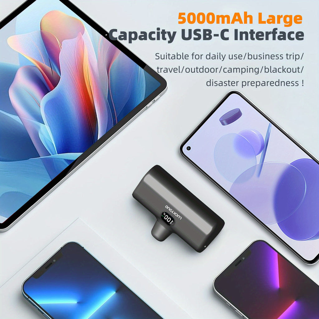 旅行用USB-C便攜充電寶，5000mAh Type-C口手機快充移動電源（15W），帶支架和LED燈的迷你電池組，適用於iPhone 15/16及三星手機