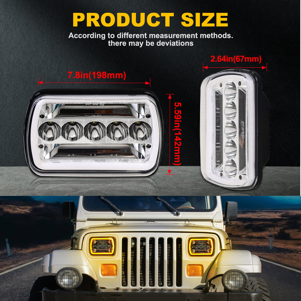 7-Inch Five-Eye Angel Eye Square Light (Pair) Four-Light Mode, 60W Headlight, Suitable for Most Vehicles with 7x6 Inch or 5x7 Inch Sealed Beam Headlights
