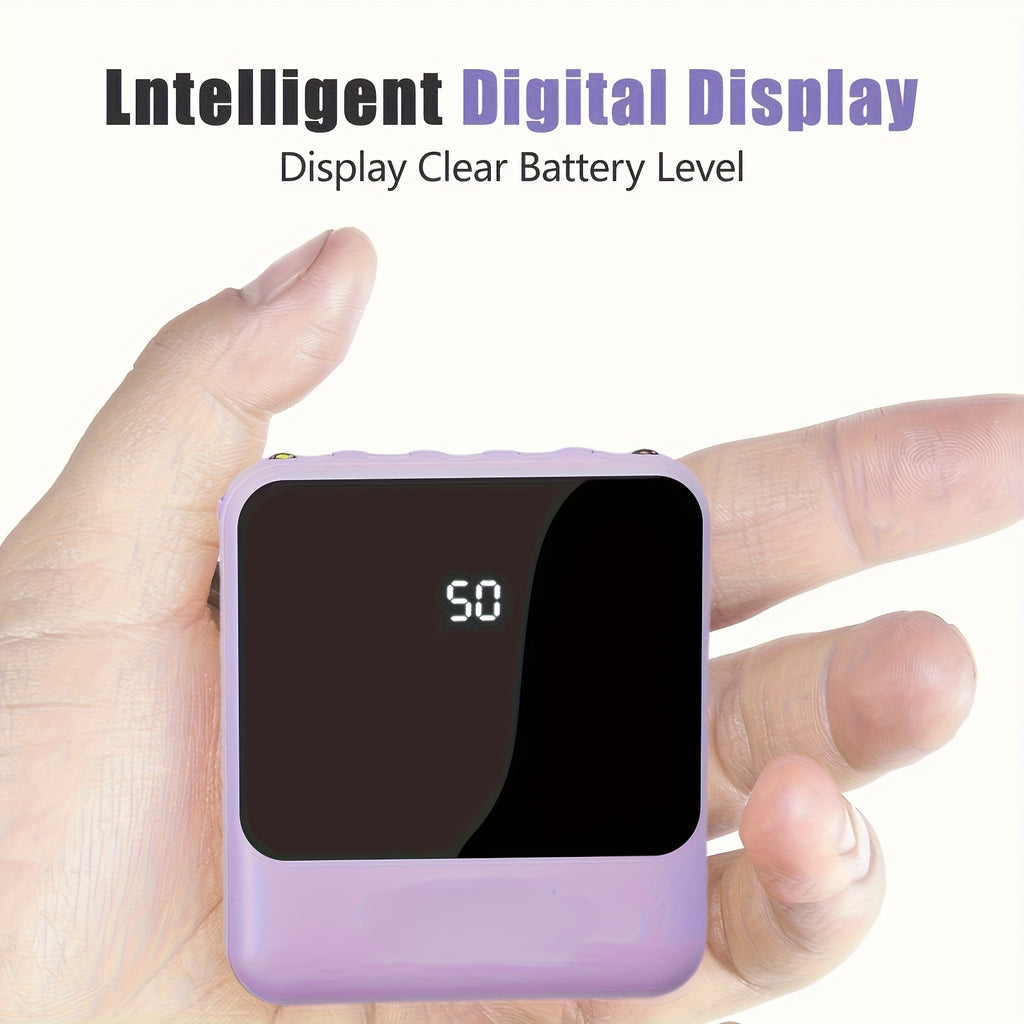 This Stylish And Compact 10, 000Mah Portable Power Bank Features Fast Charging at 5W, 15W, And 22.5W, with a Real-Time Battery Display And a Convenient Lanyard Design. It Includes a Bright LED Light And Comes with a Detachable 4-In-1 Cable
