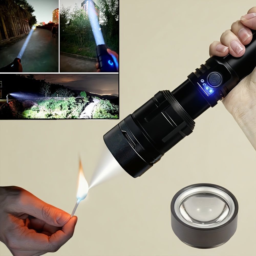 Ignition Aluminum Alloy Flashlight, Fresnel Lens Equipped, Rechargeable LED Light, 5 Modes High Lumen Flashlight, 5000mAh Battery Type-C Fast Charging, Long Range IP44 Waterproof, Ideal for Camping Night Use and Gift Giving