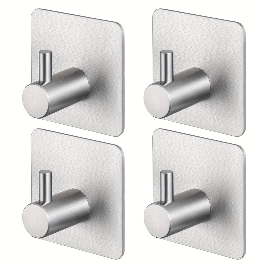 4 Pack Heavy Duty Adhesive Hooks - Towel Hooks, Stick-on Wall Hooks, Waterproof Stainless Steel for Bathroom, Kitchen & Home - Black & Silver