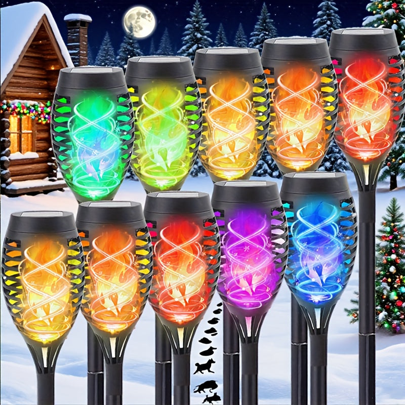 10 Pack Color Solar Flame Lights with Auto Color Changing, Includes Festival and Halloween Home Decorative Ambient Light, and Outdoor Waterproof LED Lighting, Auto On/Off from Dusk to Dawn