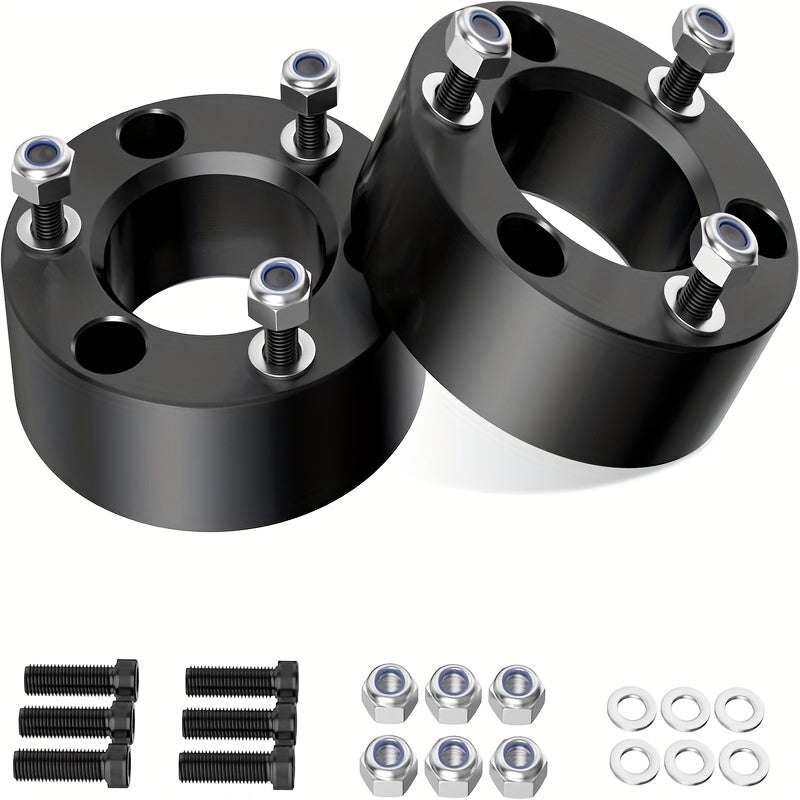 Suspension Lift Kit Material: 6061 Aluminum, Fitment: 2004-2024 for Ford F150 2WD and 4WD 3" Front；OD: 149MM, ID: 77.7MM, Thickness: 50MM. PCD: 3X117-3X117. Includes: M10*1.5*40 Hex Socket Screws x6, M10*1.5 Lock Nuts x6