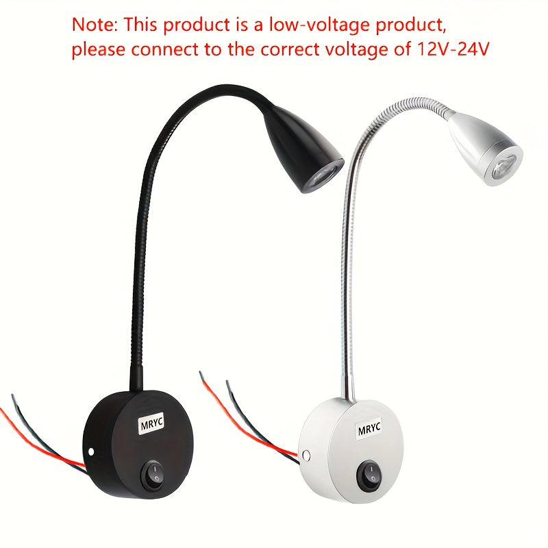 MRYC 3W Flexible Gooseneck LED RV Reading Light, Heavy-Duty Adjustable Spotlight, Hardwired DC12-24V, Button Switch, Suitable for Camper Trailer Interior Ceiling Wall Mount Lighting