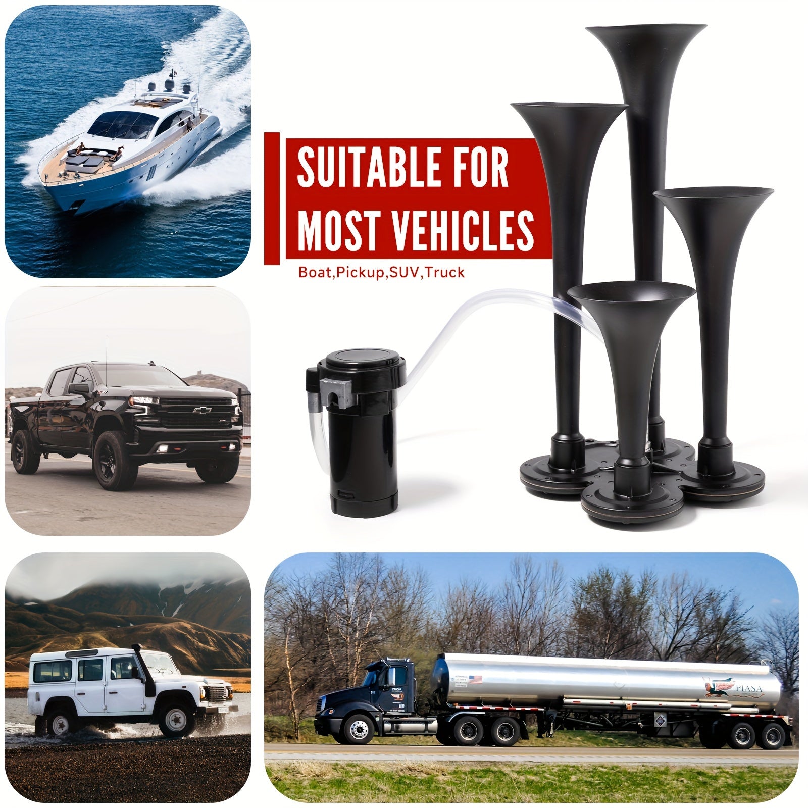 ALLREY Truck Air Horn Train Horn 12V 4-Horn Car Horn Super Loud Air Horn with Compressor, Fits Vehicles Trucks Cars Pickup Jeep SUV Train Boat, Matte Black Silver Red