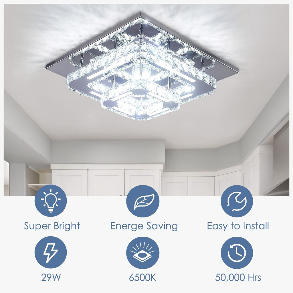 Modern Crystal Chandelier Dimmable Square Ceiling Light - Crystal & Polished Metal Semi-Flush Mount Fixture, Cool White Light Suitable for Bedroom, Living Room, Hallway, Bathroom (Bulb Not Included) - Luxury Crystal Ceiling Light