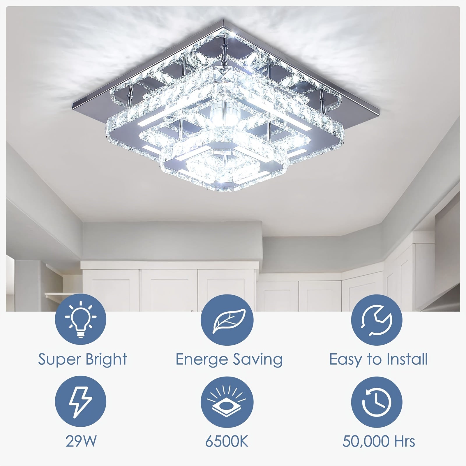 Modern Crystal Chandelier Dimmable Square Ceiling Light - Crystal & Polished Metal Semi-Flush Mount Fixture, Cool White Light Suitable for Bedroom, Living Room, Hallway, Bathroom (Bulb Not Included) - Luxury Crystal Ceiling Light