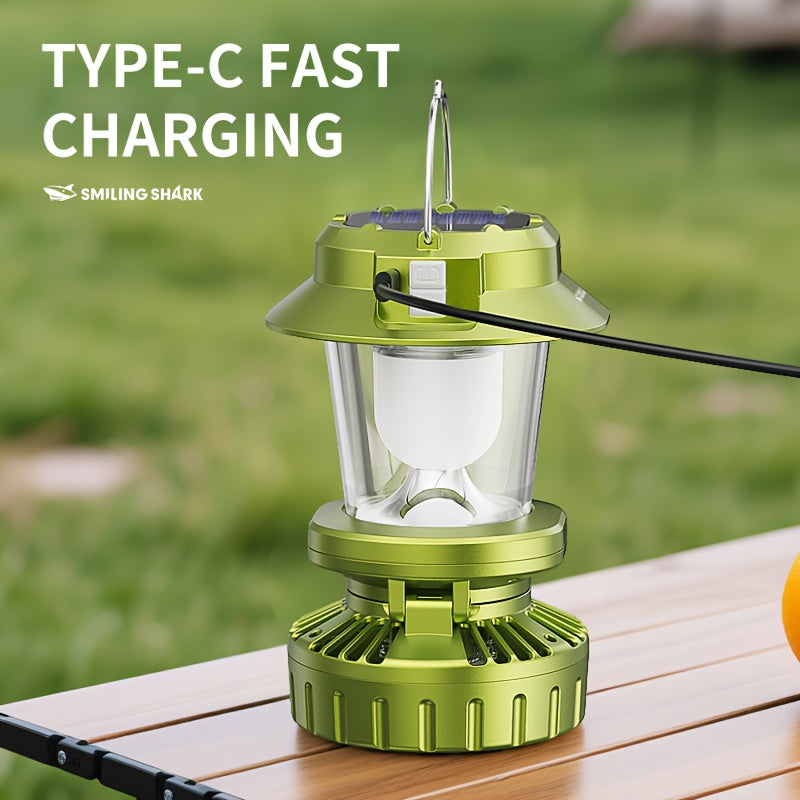1 Smiling Shark Rechargeable Fan Light - Type-C Solar Charging, 5 Modes LED Flashlight & Cooling Fan, Built-in Lithium Battery, Portable Camping Lantern, Ideal for Tent, Outdoor, Hiking, Emergency (Power Supply)