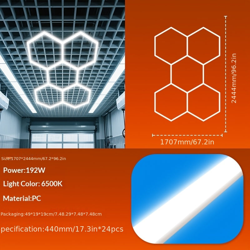 LED hexagonal garage light, home ceiling light, shop lighting honeycomb light, ultra-bright easy installation ceiling LED tube AC85-265V, suitable for living room, garage, gym, dance hall, laundry room, studio, shopping mall