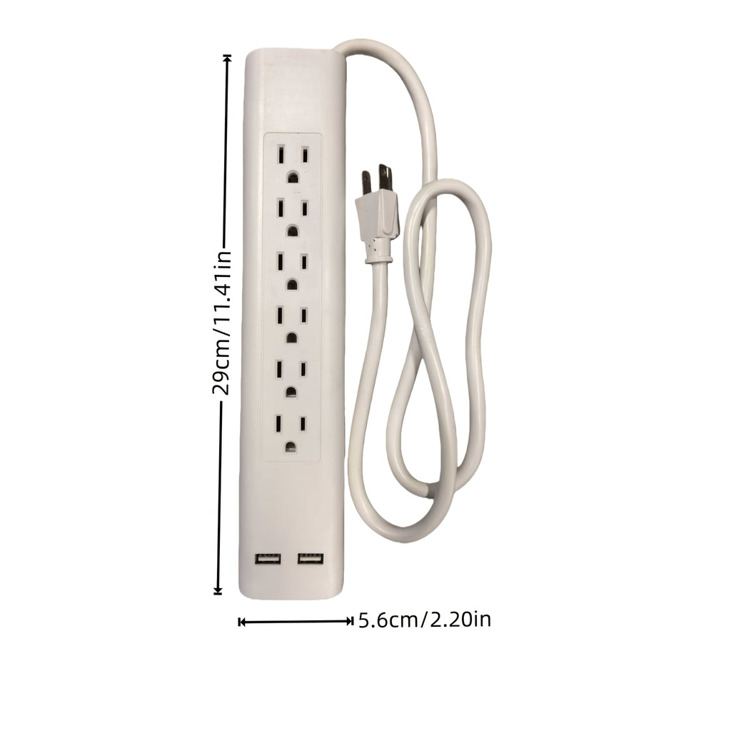 US Standard Six-Outlet Surge Protector with 3ft Cord, Two USB Charging Ports, DC 5V/2.1A Fast Charging, with Switch, 3*14AWG Heavy-Duty Wire, Two Wall-Mounting Holes on the Back, Suitable for Apartments, Homes, and Offices