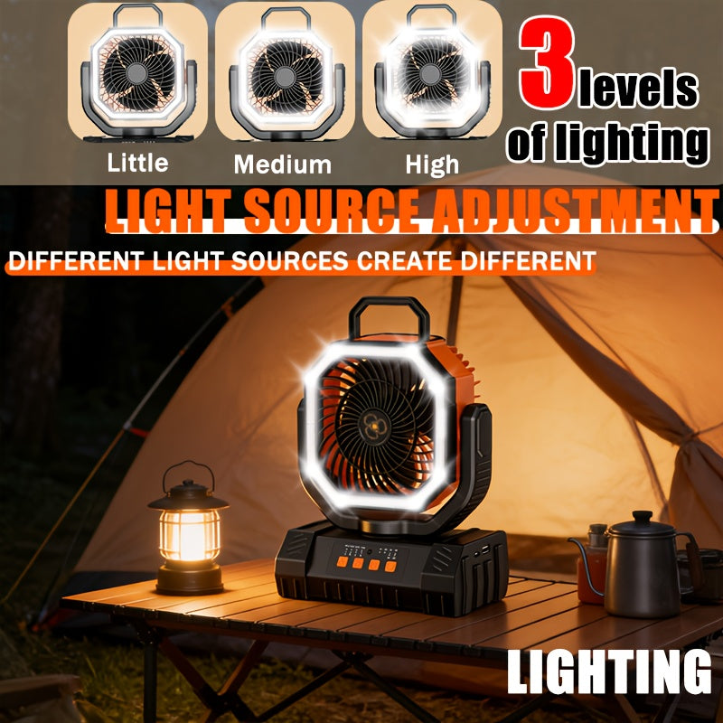 Outdoor Fan, Portable Rechargeable Fan 20000mAh Battery Powered Camping Fan - Cooling, Battery Powered Desktop Fan with 4 Speeds, Bright Light & Hook, Portable for Tent Outdoor Hurricane Power Outage