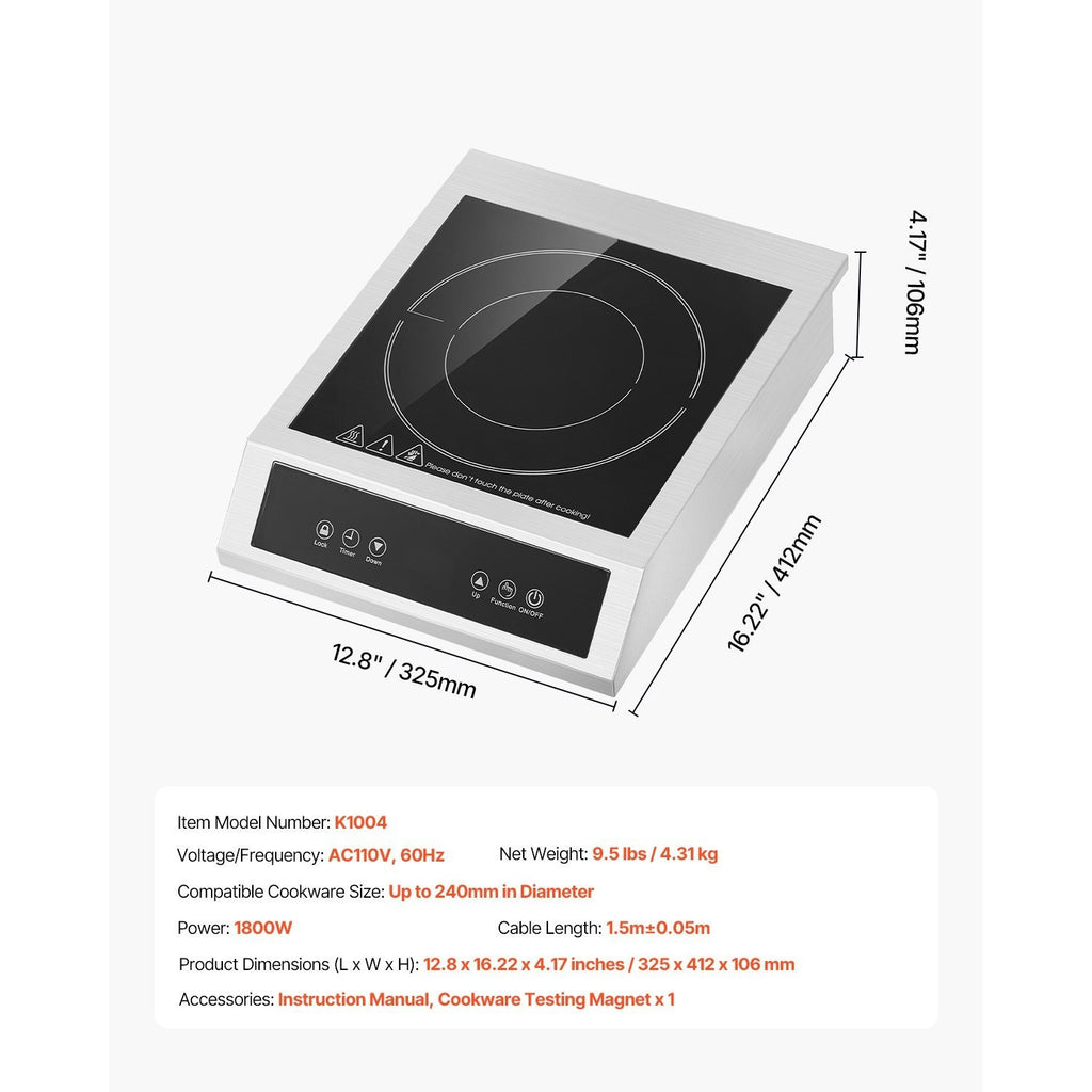 Portable Commercial Induction Cooktop, 1800W Countertop Stove, 9 Power Levels