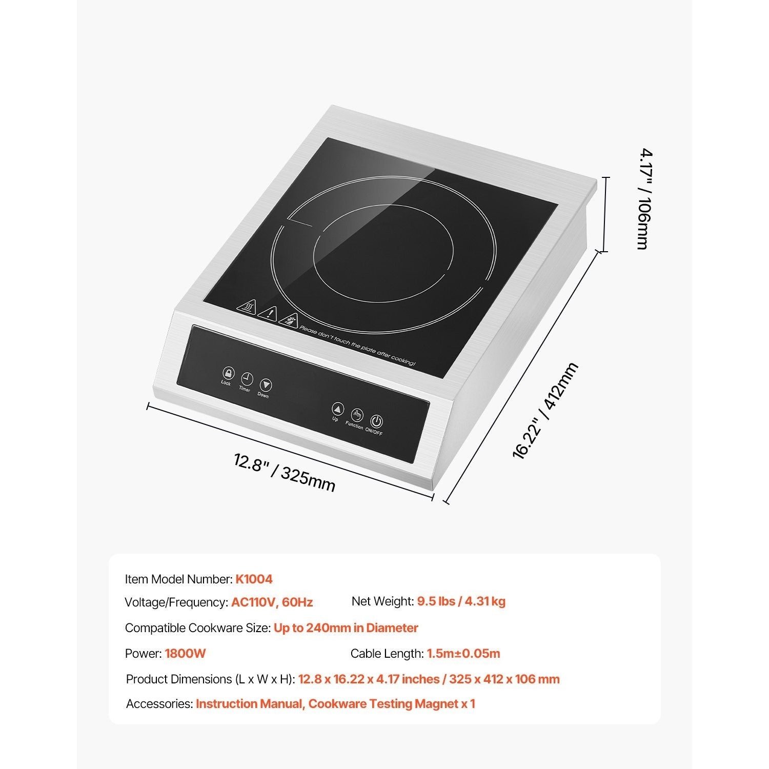 Portable Commercial Induction Cooktop, 1800W Countertop Stove, 9 Power Levels