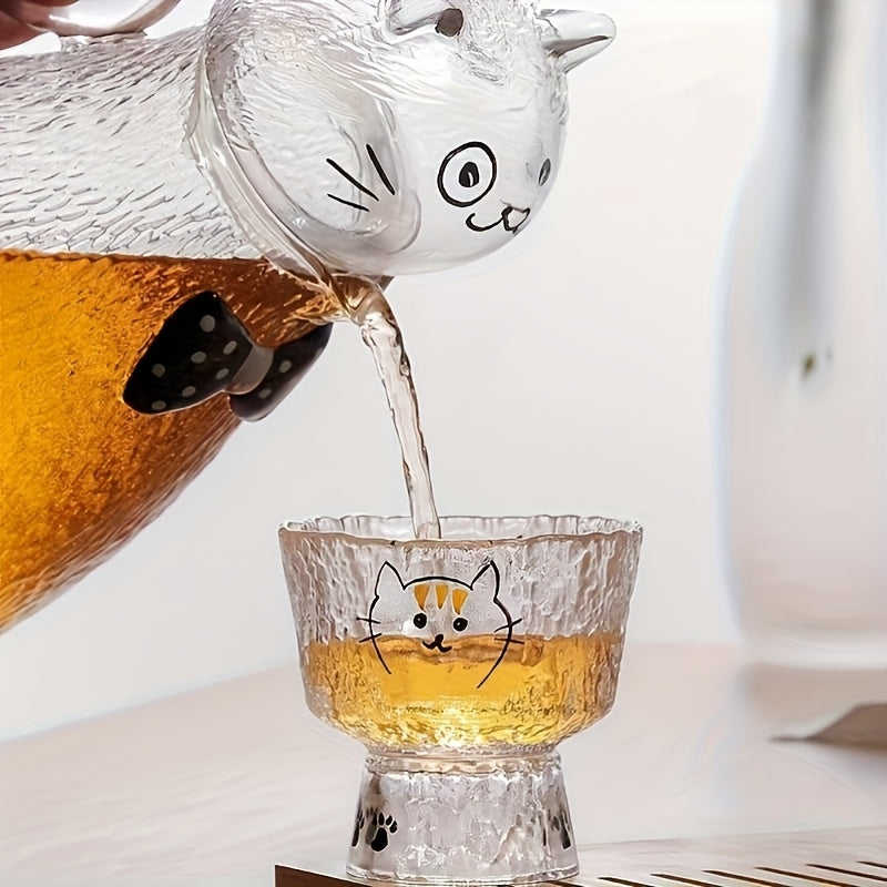 1 Cat Bow Tie Borosilicate Glass Cold Water Pitcher, Large Capacity Heat-Resistant Handmade Tea Kettle