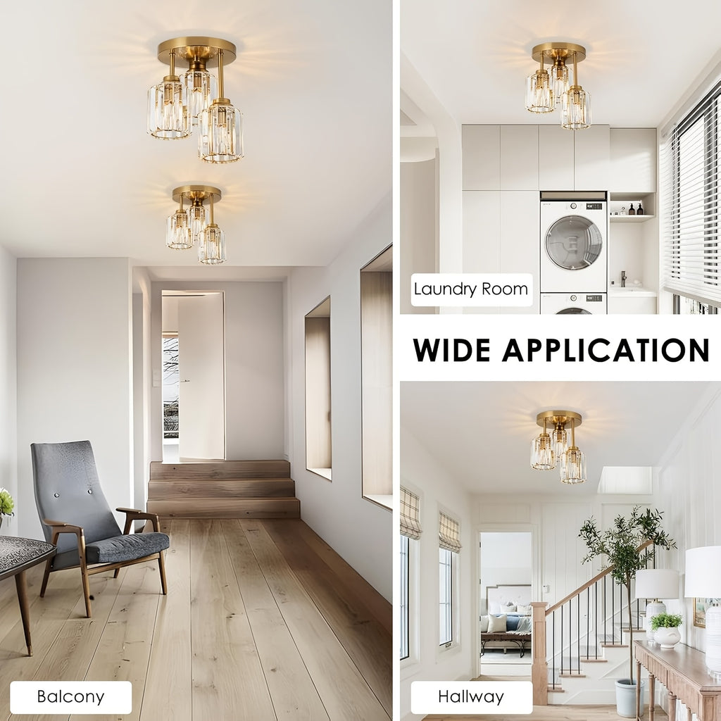 Modern semi-flush mount ceiling light, three-light crystal chandelier, E26 base pendant light, suitable for living room, dining room, bedroom, kitchen, hallway